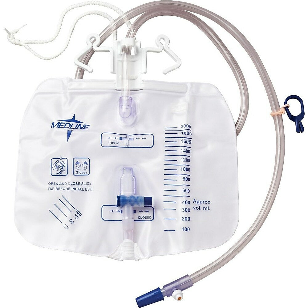 Image of Medline Urinary Drainage Bags with Anti-reflux Device, 2000 mL, Metal Clamp, 20 Pack