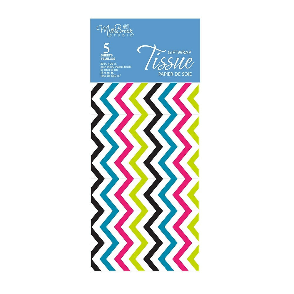 Image of MillBrook Studio Printed Tissue, Multicoloured zig zag pattern, 12 Pack (93039), Brown