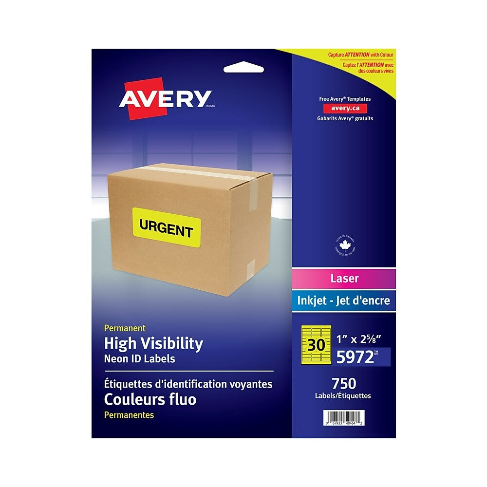 Image of Avery Neon Yellow Laser High Visibility Labels, 2-5/8" x 1", 750 Pack (05972)