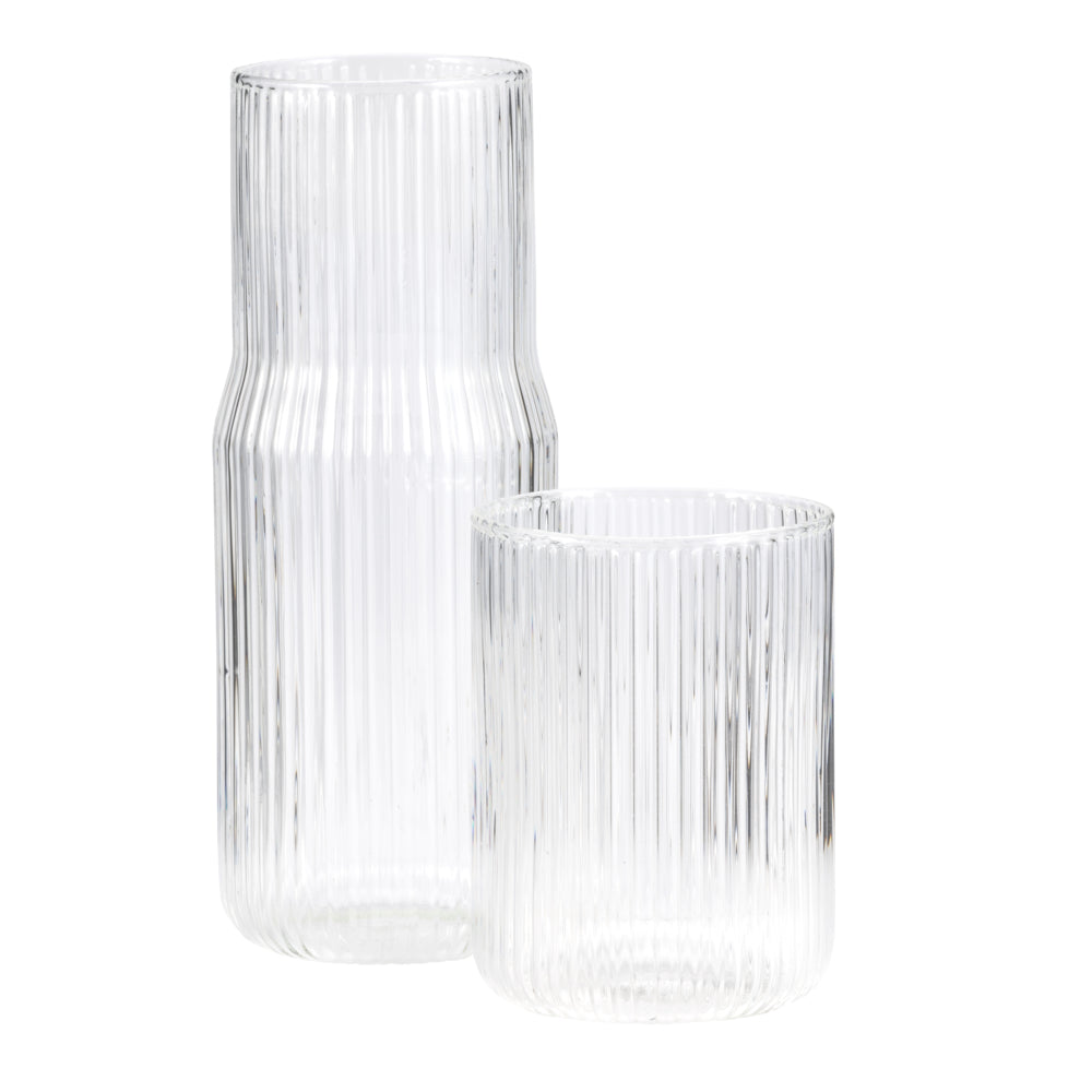 Image of Gry Mattr Ribbed Glass Carafe Set - 600 mL Carafe and 350 mL Cup - Clear