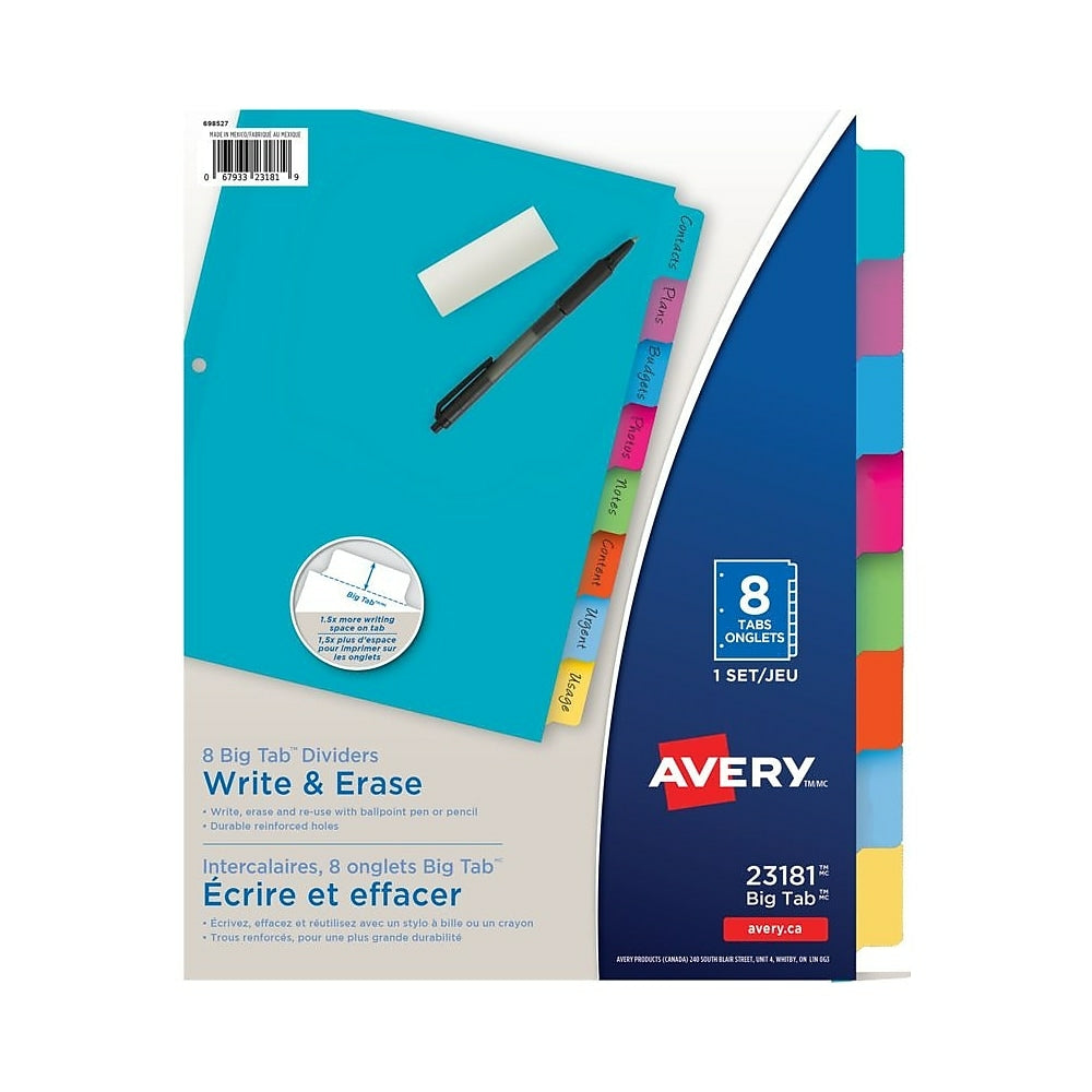 Image of Avery Write & Erase Big Tab Dividers - 8 Tabs - Multi-colour