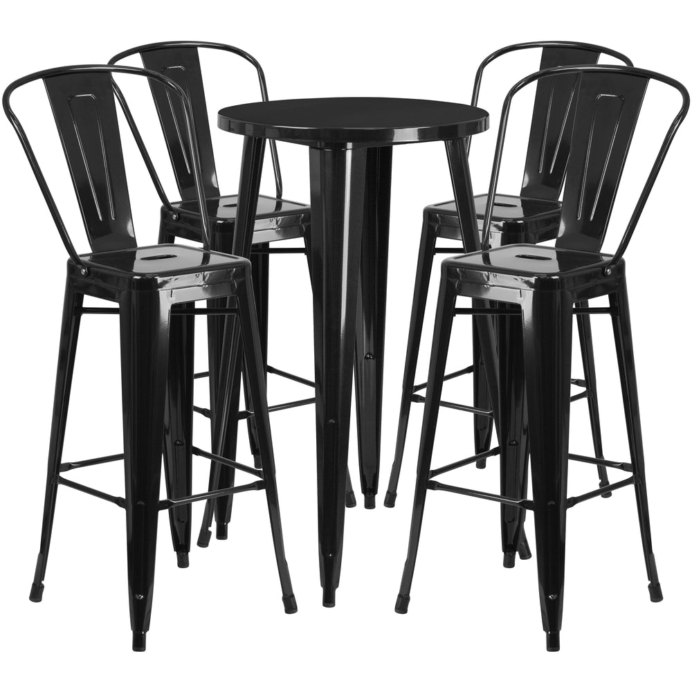 Image of 24" Round Black Metal Indoor-Outdoor Bar Table Set with 4 Cafe Barstools [CH-51080BH-4-30CAFE-BK-GG]