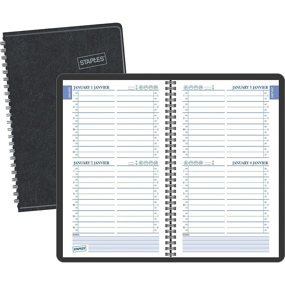 Image of Staples Undated Daily Wirebound Planner - 8" x 5" - Bilingual