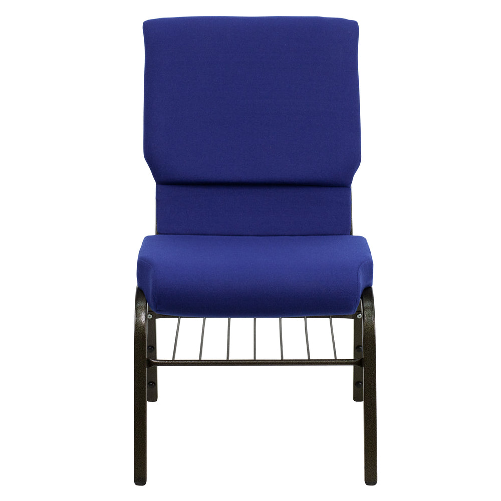 Image of Flash Furniture HERCULES Series 18.5"W Church Chair with Book Rack & Gold Vein Frame - Navy Blue Fabric Fabric