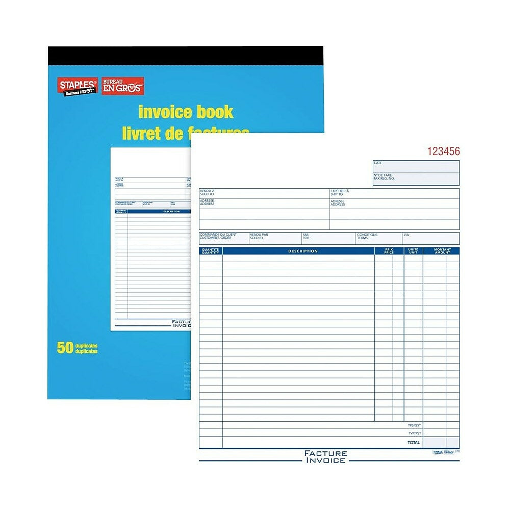 Image of Staples Bilingual Invoice Book - Duplicates - Carbonless - Staple Bound - 8" x 10"