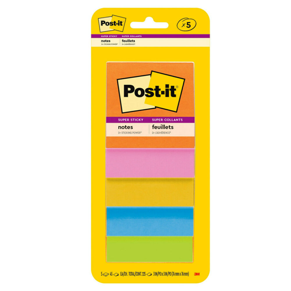 Image of Post-it Super Sticky Notes - 3" x 3" - Energy Boost Collection - 225 sheets - 5 Pack, Multicolour