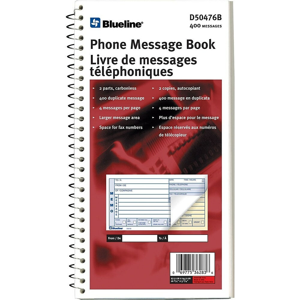 Image of Blueline Telephone Message Book, 5-11/16" x 11", 400 Messages, Bilingual, 2 Pack