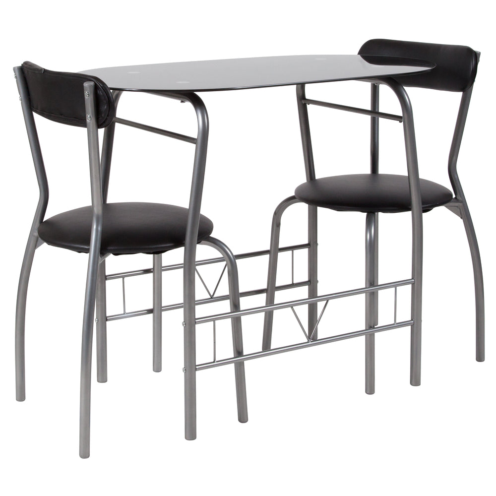 Image of Flash Furniture Sutton 3 Piece Space-Saver Bistro Set with Black Glass Top Table & Black Vinyl Padded Chairs