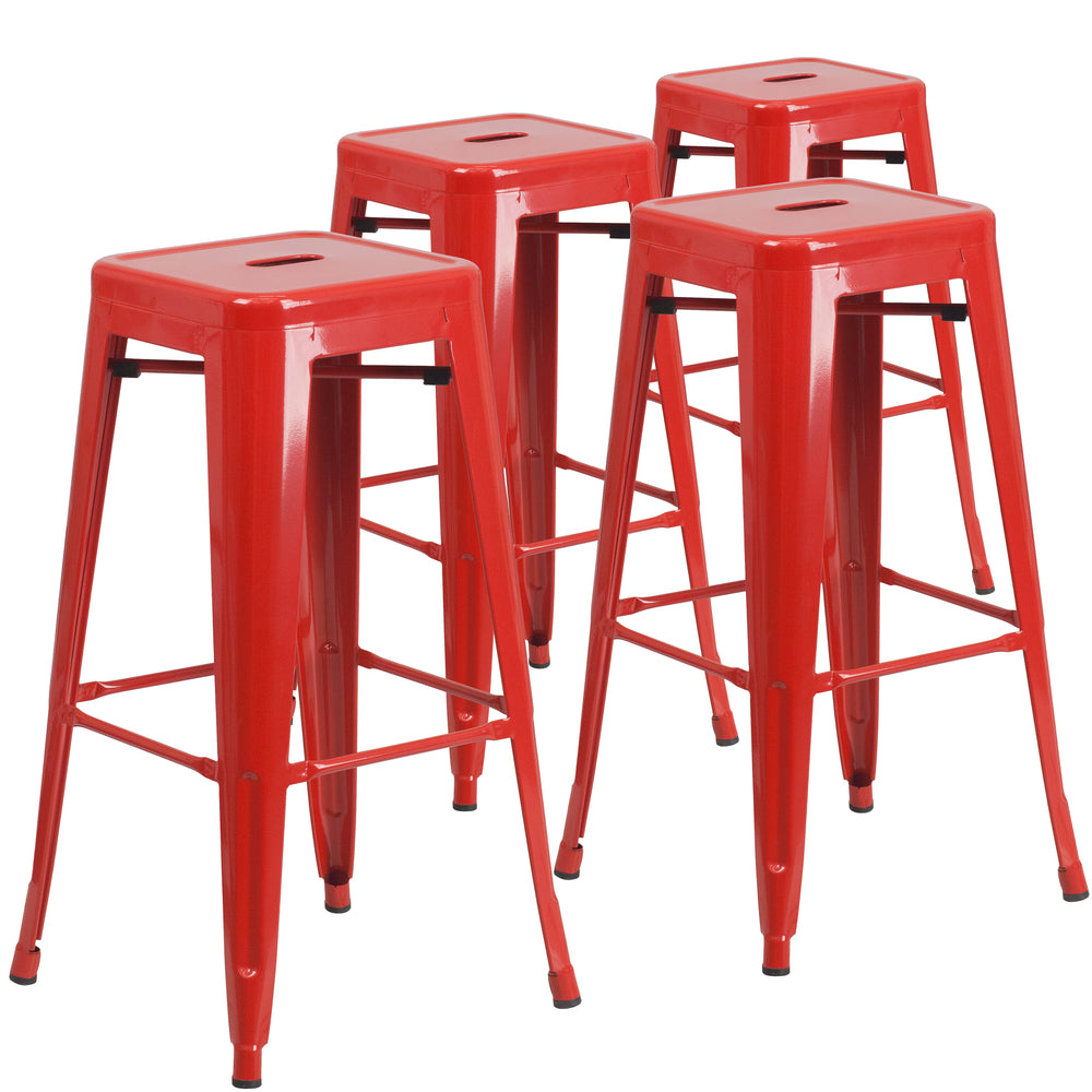 Image of Flash Furniture Commercial Grade 30" High Backless Red Metal Indoor-Outdoor Barstool with Square Seat, 4 Pack