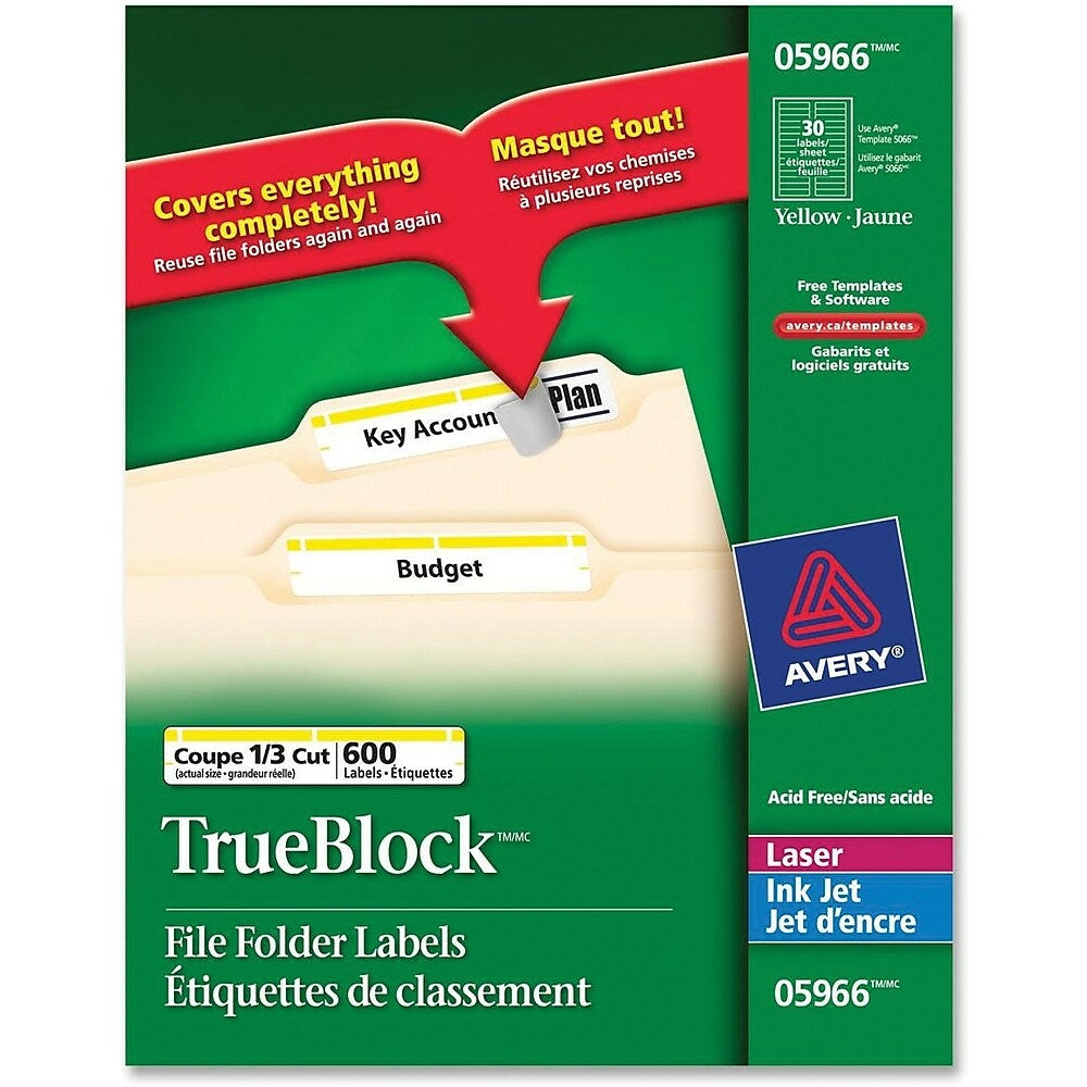 Image of Avery TrueBlock Laser Yellow Filing Labels - 2/3" x 3-7/16" - 600 Pack