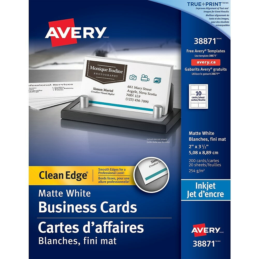 Image of Avery Clean Edge Inkjet Business Cards, 3-1/2" x 2", White, 200 Pack, (38871)