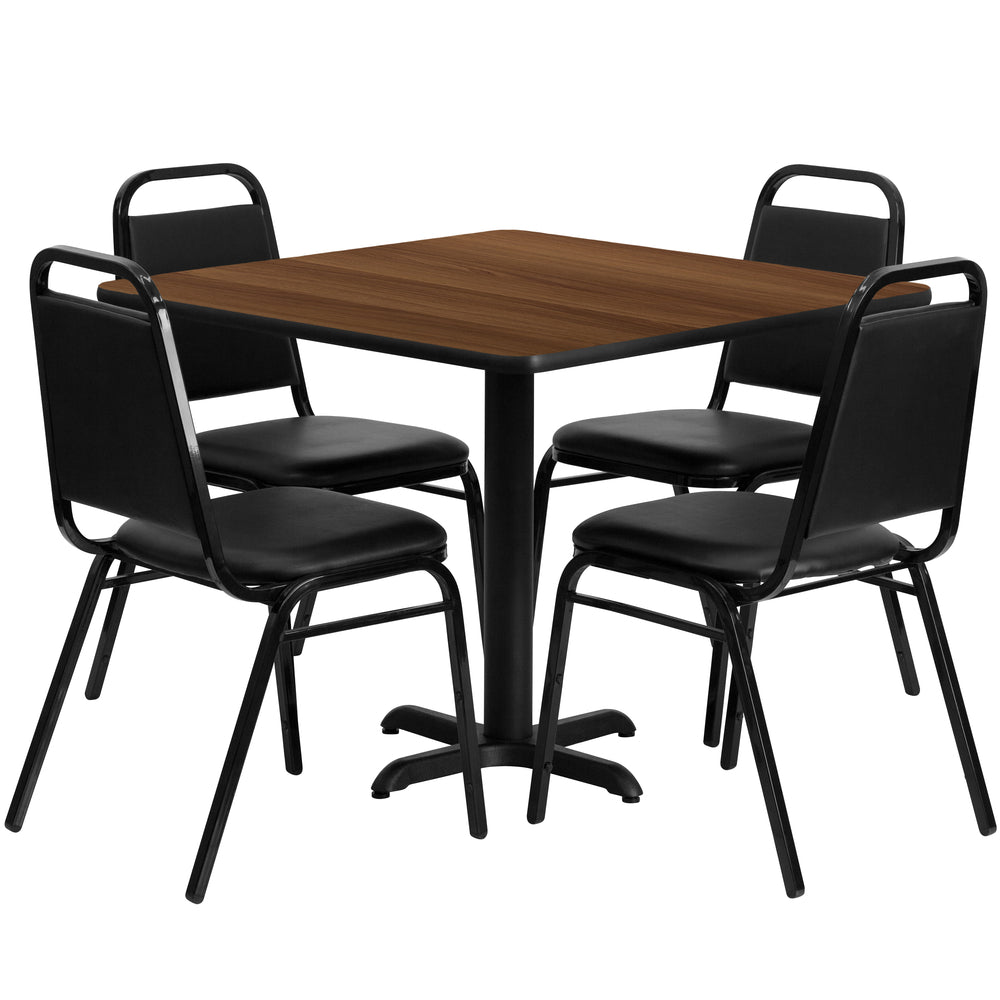 Image of Flash Furniture 36" Square Walnut Laminate Table Set with X-Base & 4 Black Trapezoidal Back Banquet Chairs