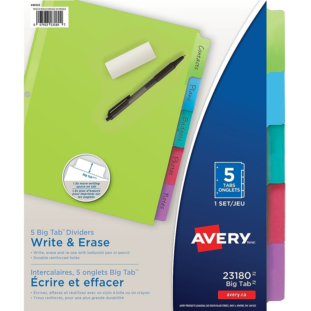 Image of Avery Write & Erase Big Tab Dividers - 5 Tabs - Multi-colour