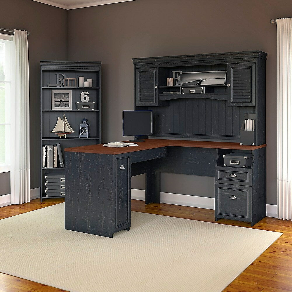 Image of Bush Furniture Fairview L Shaped Desk with Hutch and 5 Shelf Bookcase, Antique Black (FV005AB)