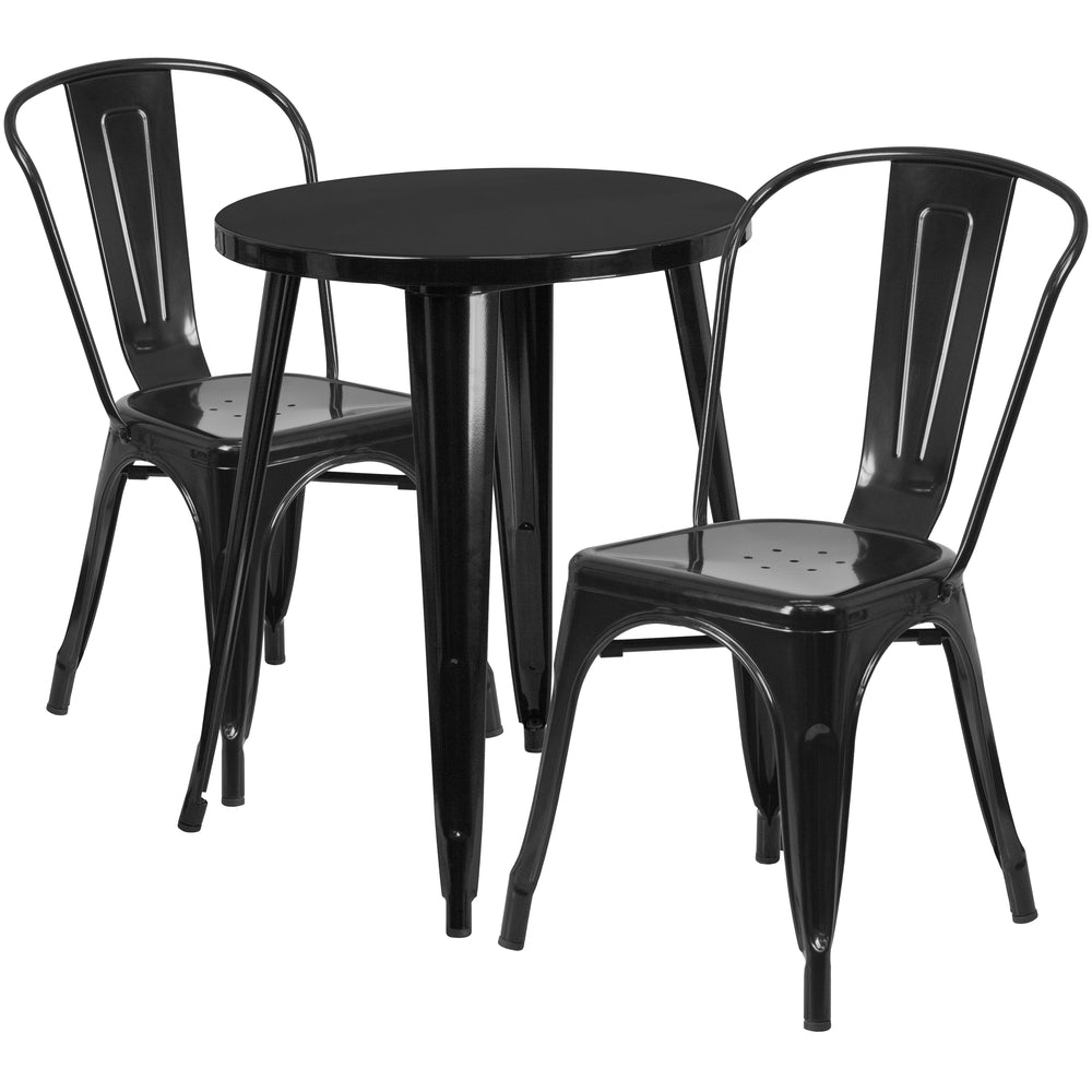 Image of 24" Round Black Metal Indoor-Outdoor Table Set with 2 Cafe Chairs [CH-51080TH-2-18CAFE-BK-GG]