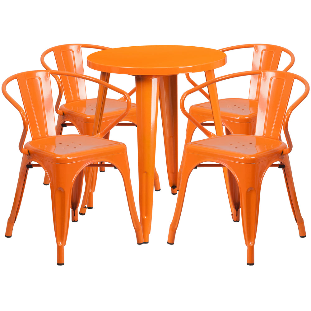 Image of 24" Round Orange Metal Indoor-Outdoor Table Set with 4 Arm Chairs (CH-51080TH-4-18ARM-OR-GG)