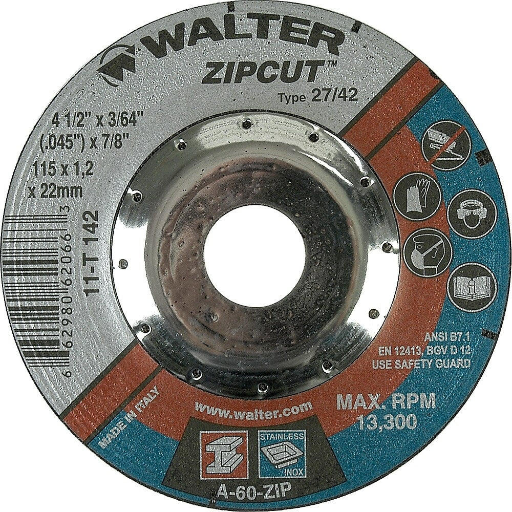 Image of Walter Surface Technologies Zipcut Right Angle Grinder Reinforced Cut-Off Wheels, 4-1/2" x 3/64", 7/8" Arbor - 12 Pack