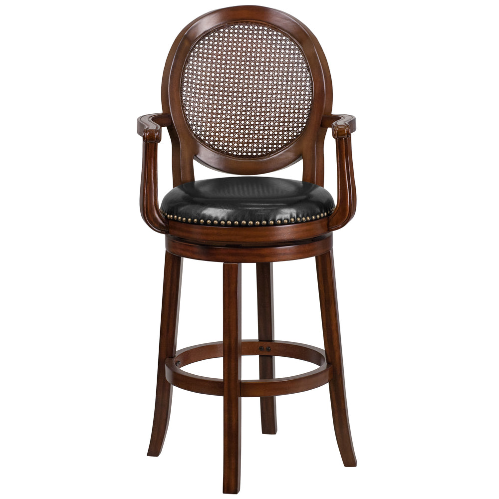 Image of Flash Furniture 30" High Expresso Wood Barstool with Arms, Woven Rattan Back & Black LeatherSoft Swivel Seat, Brown