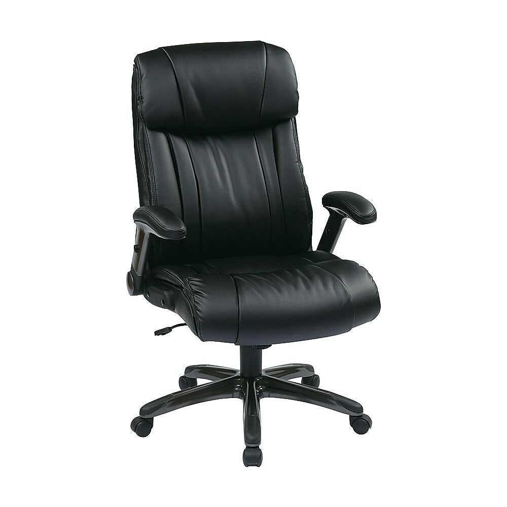 Image of Office Star Worksmart Executive High-Back Eco Leather Chair with Adjustable Padded Flip Arms, Black