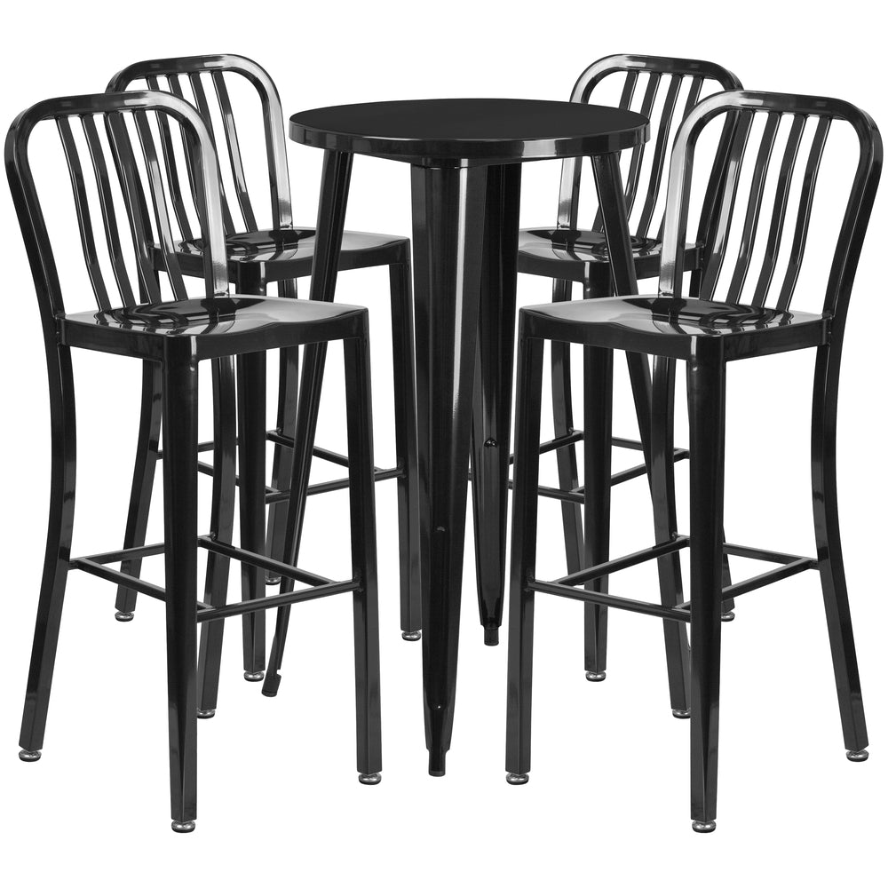 Image of 24" Round Black Metal Indoor-Outdoor Bar Table Set with 4 Vertical Slat Back Barstools [CH-51080BH-4-30VRT-BK-GG]