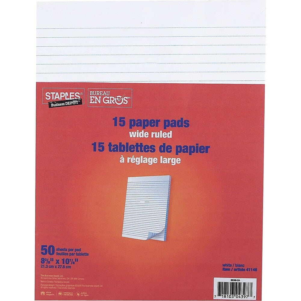 Image of Staples Wide-Ruled Writing Pads - 8-3/8" x 10-7/8" - White - 50 Sheets - 15 Pack