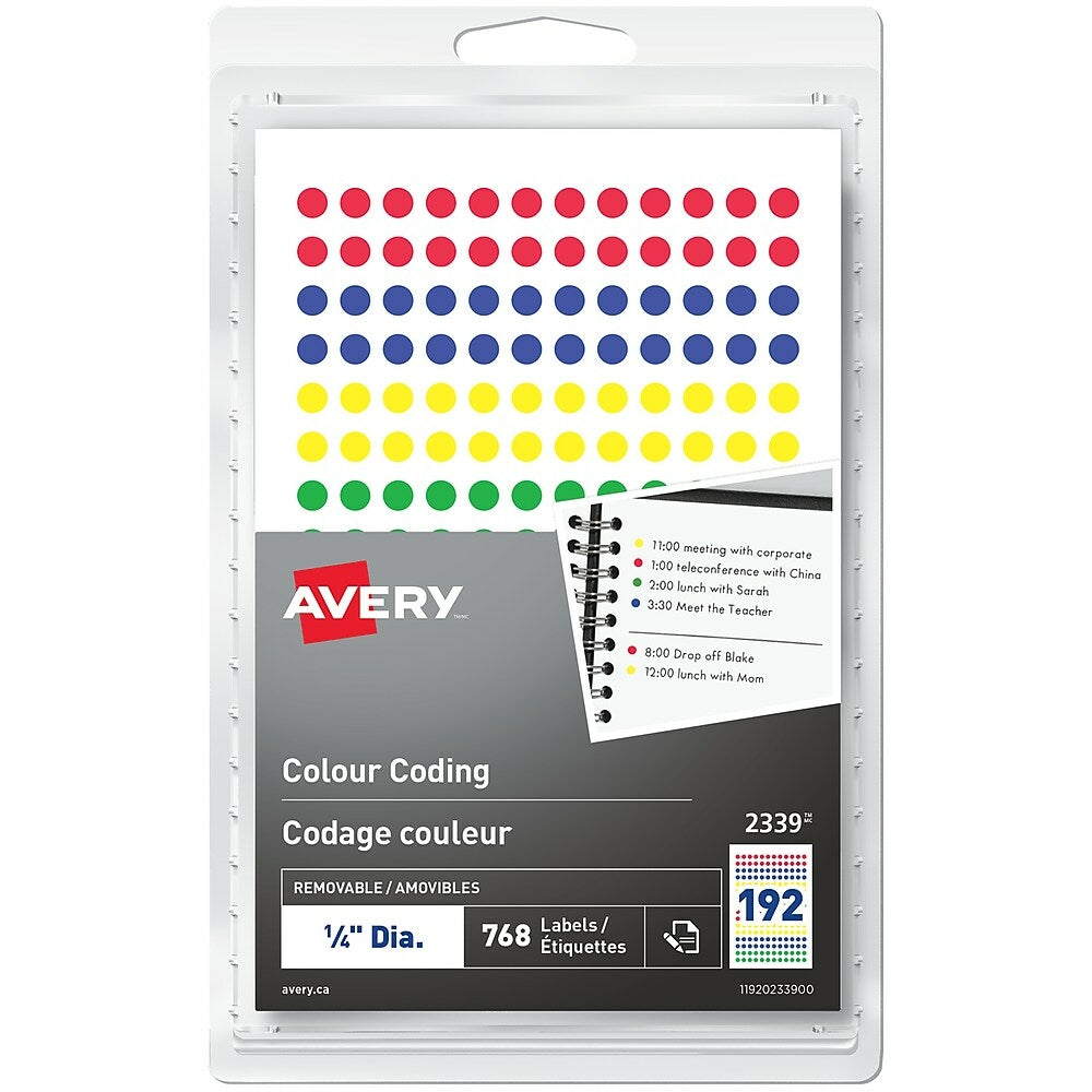 Image of Avery Print or Write Removable Colour-Coding Labels, 1/4" Round, Assorted, 768 Pack (2339)