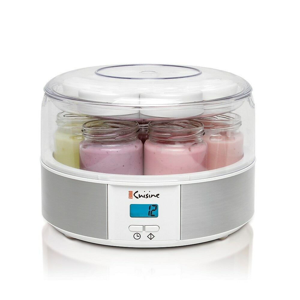 Image of Euro Cuisine YM650 Digital Yogurt Maker with 15 Hour Timer + 7 x 6 oz Jars with Date Lid, Stainless Steel, White