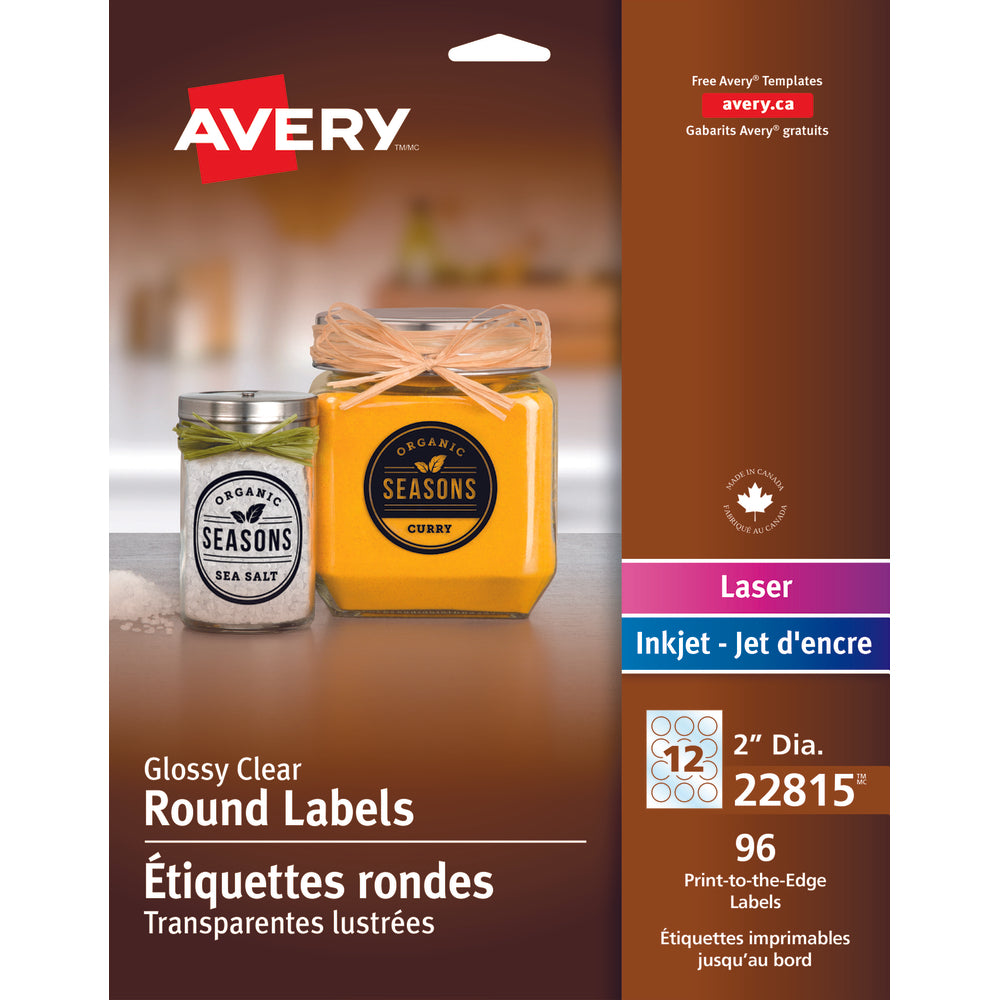 Image of Avery Clear Laser/Inkjet Glossy Print-to-the-Edge Round Labels, Permanent, 2" Diameter, 96 Pack (22815)