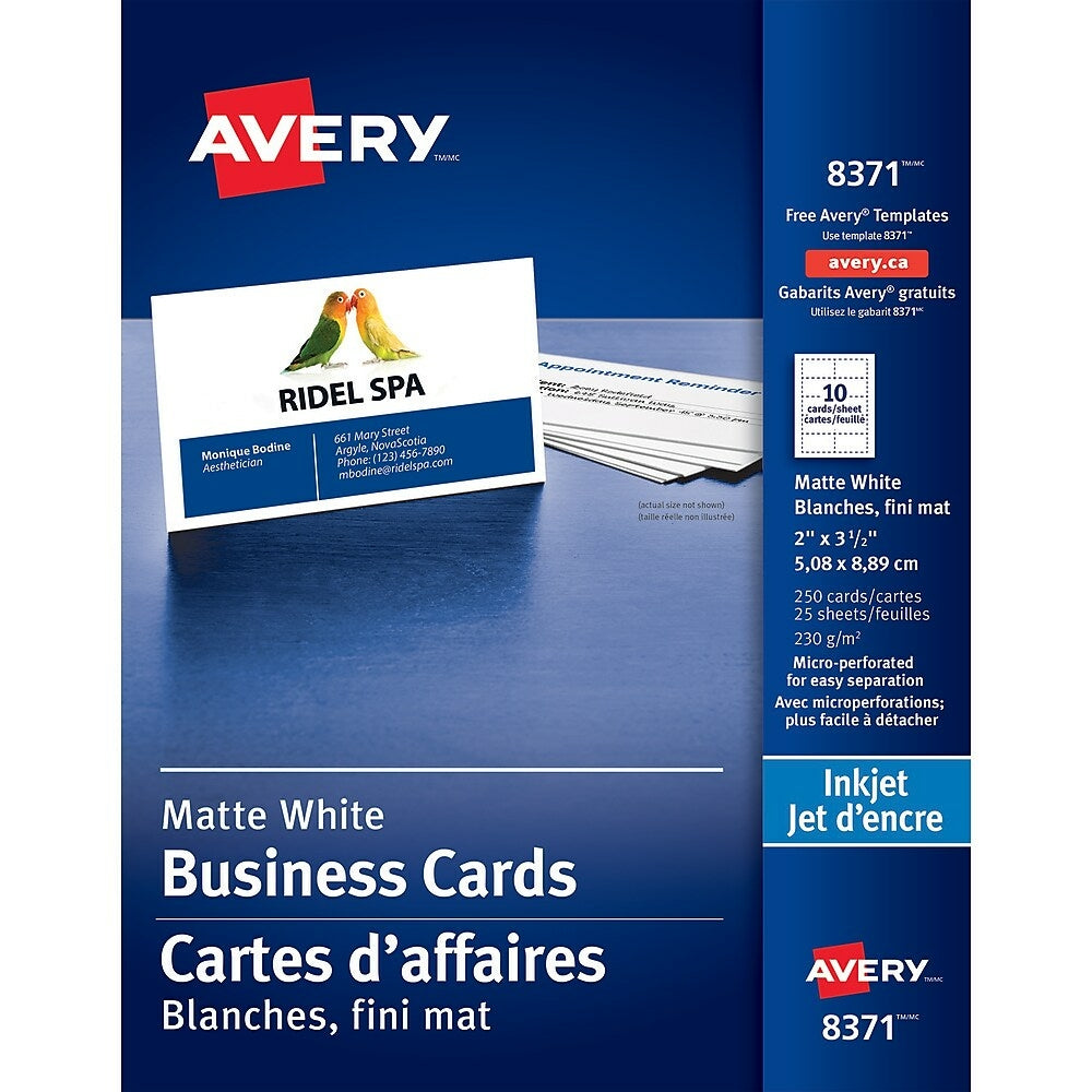 Image of Avery Perforated Inkjet Business Cards, 3-1/2" x 2", White, 250 Pack, (08371)