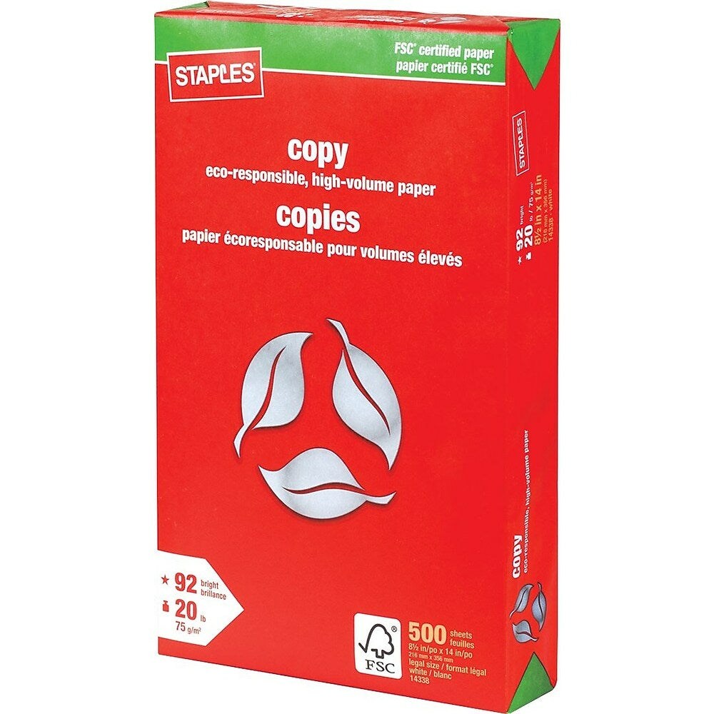 Image of Staples FSC-Certified Copy Paper - 20 lb. - 8.5" x 14" - White - 500 Sheets