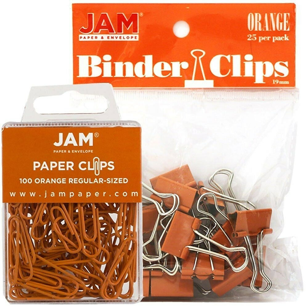 Image of JAM Paper Office Desk Supplies Bundle, Paper Clips & Binder Clips, Orange (218334or)