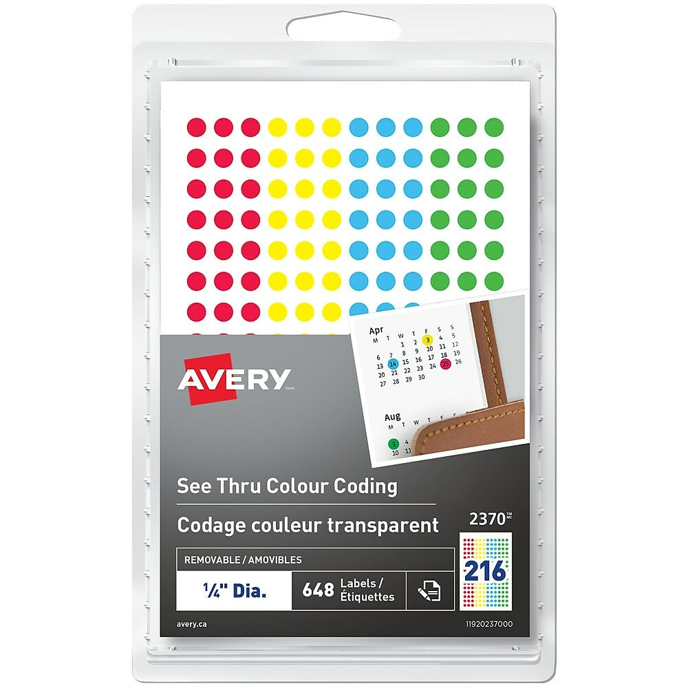 Image of Avery See Thru Removable Colour-Coding Labels, 1/4" Round, Assorted, 648 Pack (2370)