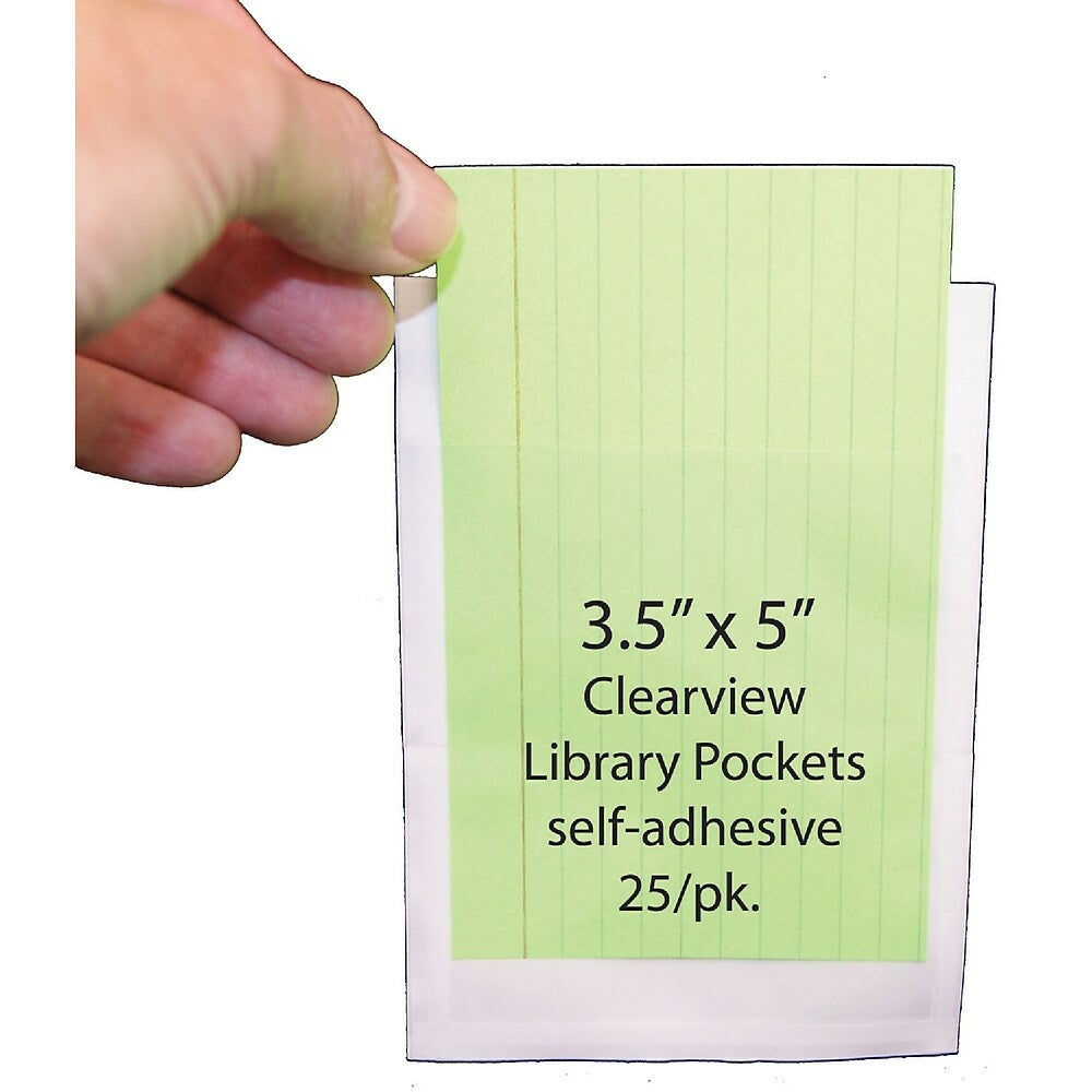 Image of Ashley 3 1/2" x 5" Clear View Self Adhesive Library Pockets, 75 Pack, 25 Pack
