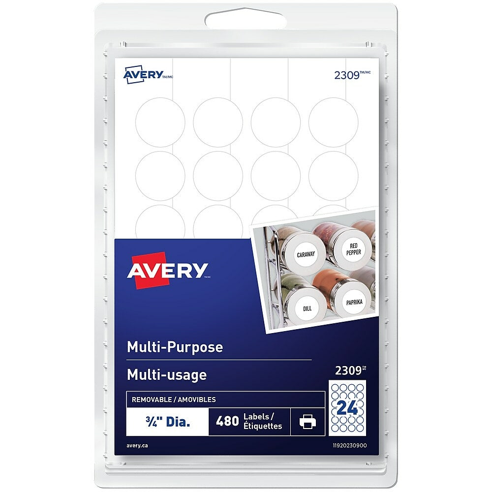 Image of Avery White Print or Write Removable Round Multiuse Labels, 3/4" Diameter, 480 Pack