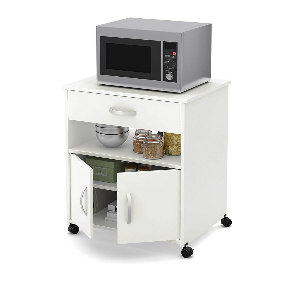 Image of South Shore Fiesta Microwave Cart on Wheels, Pure White, 26" (L) x 19.75" (D) x 27.25" (H)