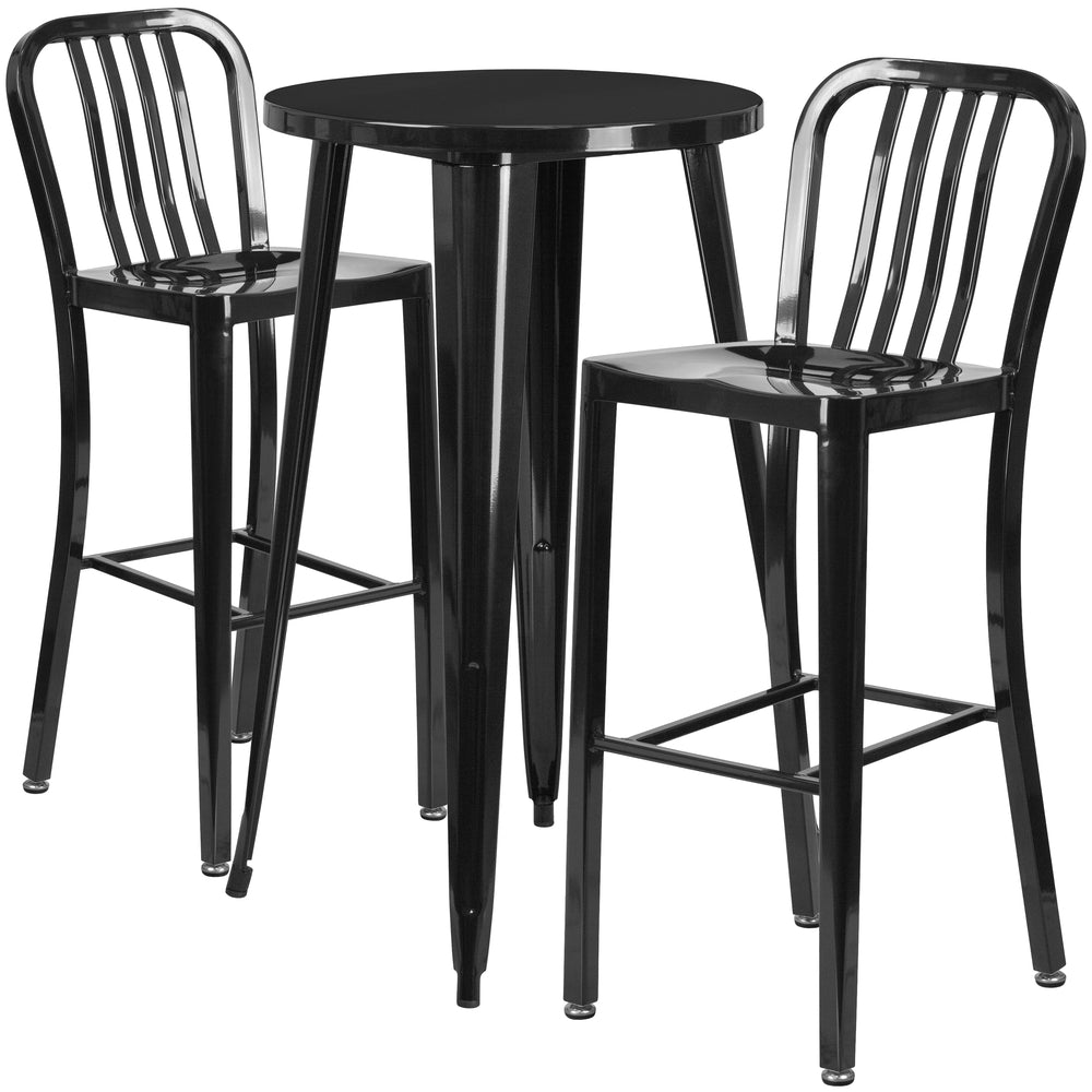 Image of 24" Round Black Metal Indoor-Outdoor Bar Table Set with 2 Vertical Slat Back Barstools [CH-51080BH-2-30VRT-BK-GG]