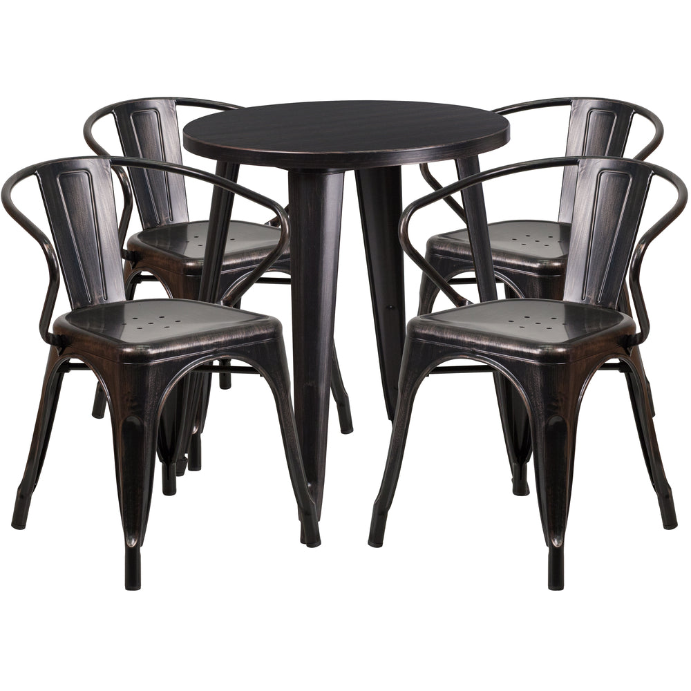 Image of 24" Round Black-Antique Gold Metal Indoor-Outdoor Table Set with 4 Arm Chairs (CH-51080TH-4-18ARM-BQ-GG)