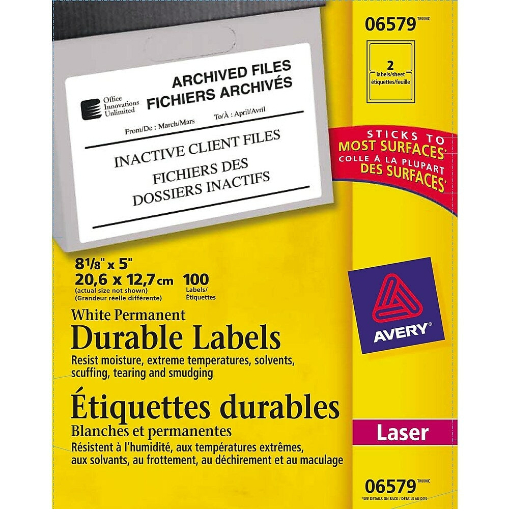 Image of Avery White Laser Durable I.D. Labels, 8-1/8" x 5", 100 Pack (06579)