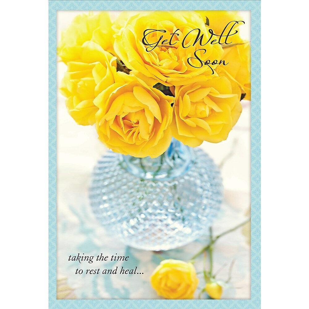 Image of Aline Greetings Get Well General, Yellow Roses in Vase, Get Well Soon, 18 Pack