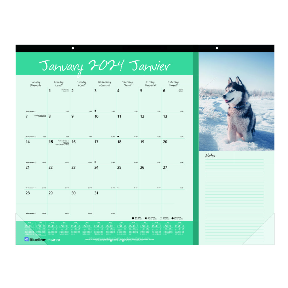 Image of Blueline 2024 Man's Best Friend Monthly Desk Pad Calendar - 17" H x 22" W - Dogs Design - Bilingual