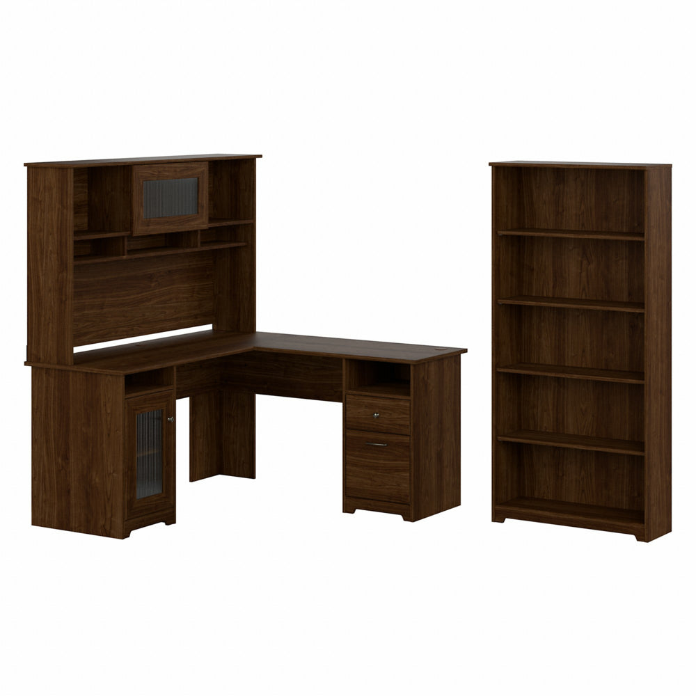 Image of Bush Furniture Cabot 60"W L-Shaped Computer Desk with Hutch and 5 Shelf Bookcase - Modern Walnut, Brown