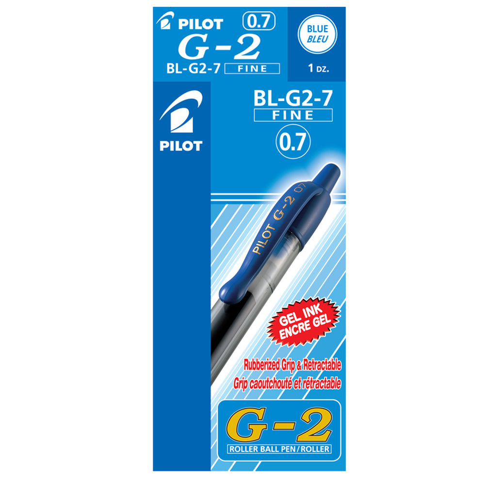 Image of Pilot G-2 Gel Ink Roller Ball Pens, Retractable, Refillable, 0.7mm, Blue, 12 Pack (BLG2-7-BE)