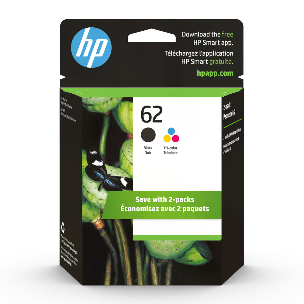 Image of HP 62 Black & Tri-Colour Original Ink Cartridges, 2/Pack (N9H64FN)