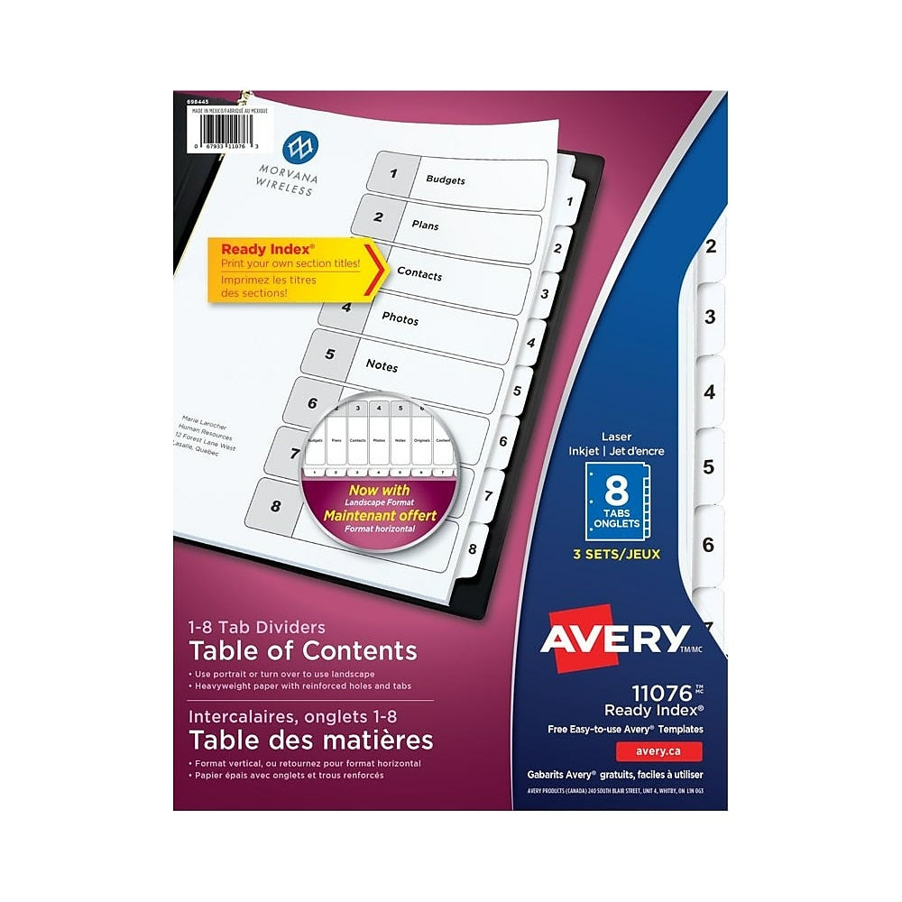 Image of Avery Ready Index Table of Content Dividers for Laser and Inkjet Printers, 8 Tabs, 3 sets, Black & White, (11076), 3 Pack