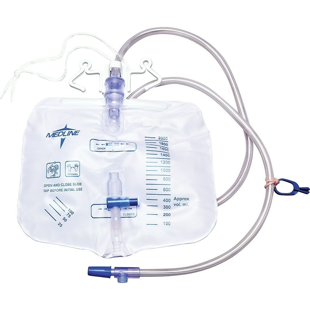 Image of Medline Urinary Drainage Bags with Anti-reflux Device, 2000 mL, Slide Tap, 20 Pack