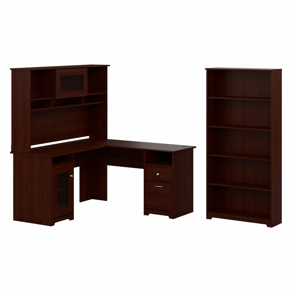 Image of Bush Furniture Cabot 60"W L-Shaped Computer Desk with Hutch and 5 Shelf Bookcase - Harvest Cherry, Brown
