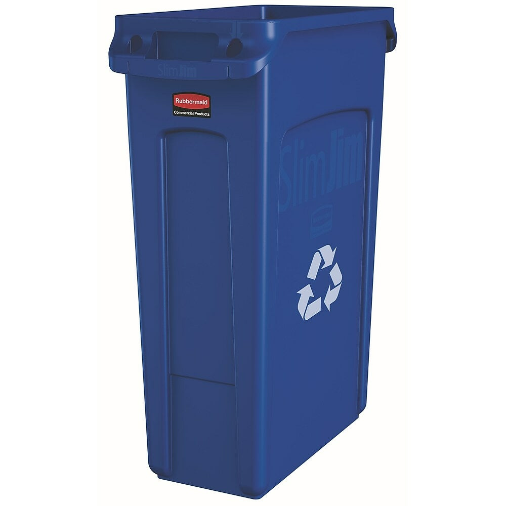Image of Rubbermaid Commercial Slim Jim Garbage Cans with Venting Channels and Recycle Symbol, 23-Gallon, Blue (FG354007BLUE)