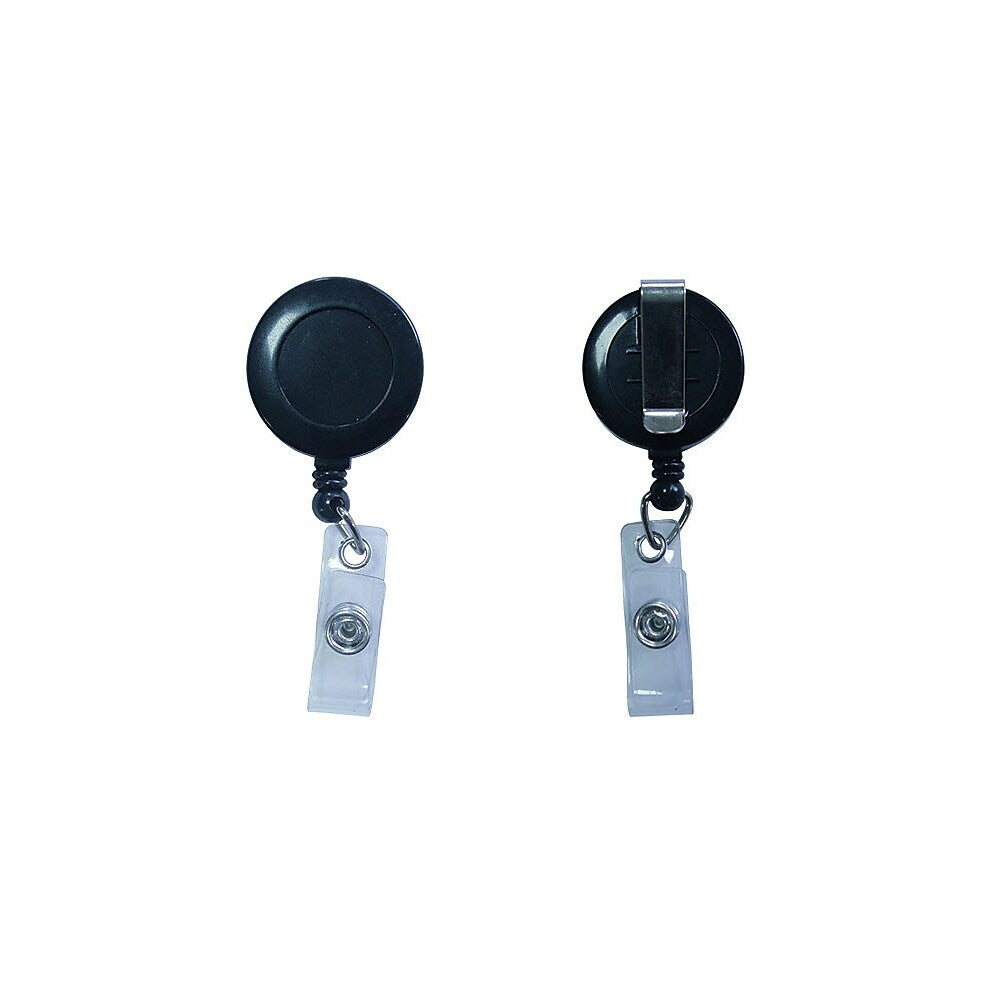 Image of Beslayn Black Round Badge Reel with Clear Vinyl Strap & Belt Clip, Black, 100 Pack