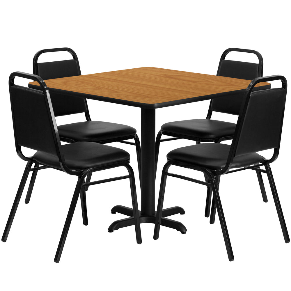 Image of Flash Furniture 36" Square Natural Laminate Table Set with X-Base & 4 Black Trapezoidal Back Banquet Chairs