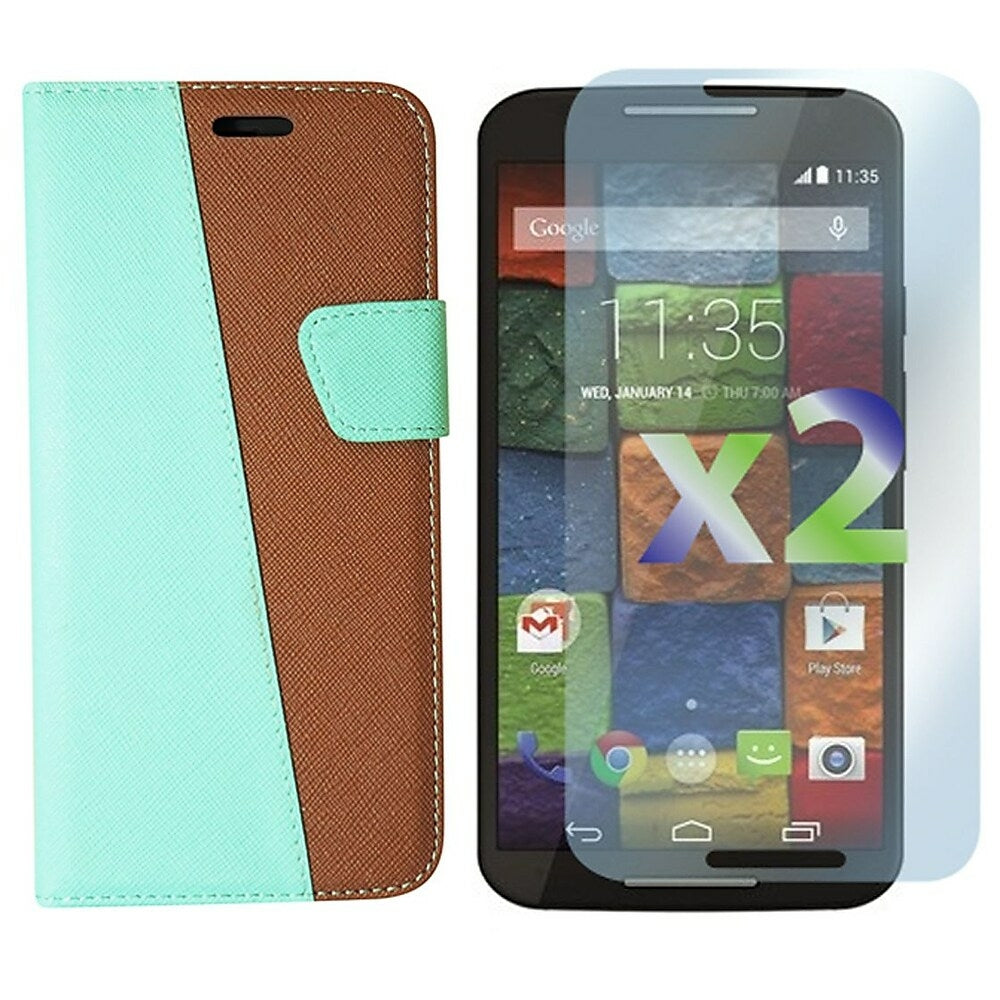 Image of Exian Leather Wallet Case for Moto X2 - Green/Brown